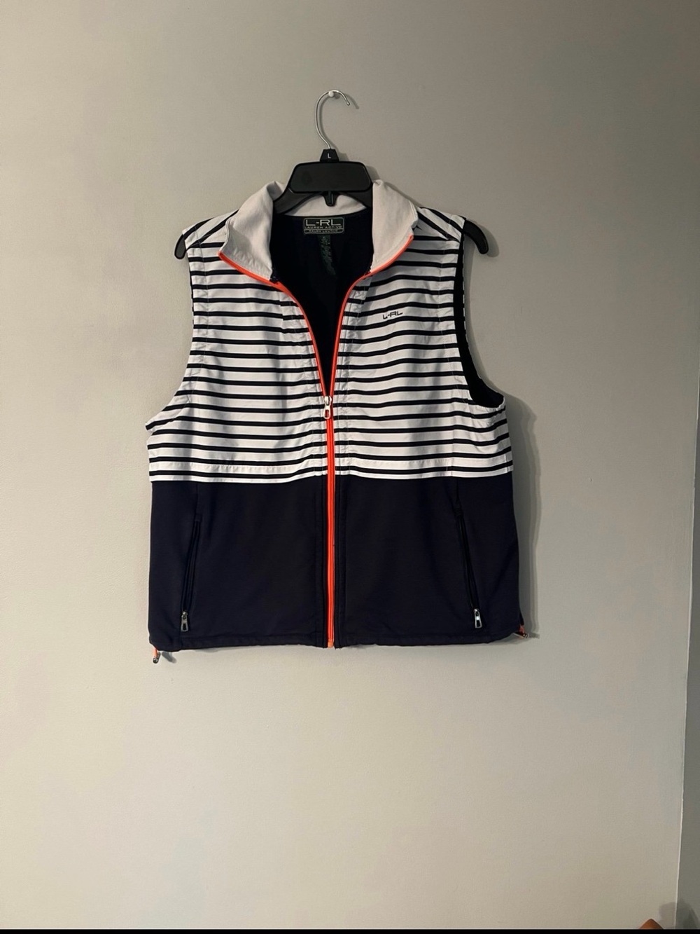 Striped Navy & White Women’s Vest with Orange Trim